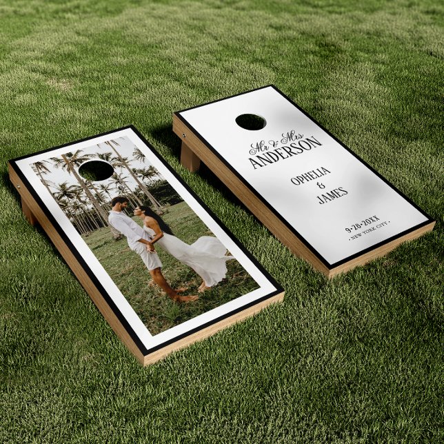 Elegant Modern Photo Black & White Wedding Cornhole Set (Creator Uploaded)