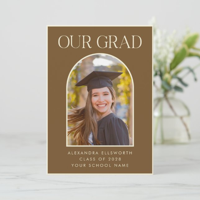 Elegant Modern Photo Brown Arch Graduation Announc Announcement (Standing Front)