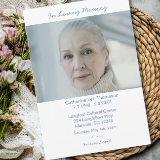 Elegant Modern Photo Dusty Blue Funeral Invitation