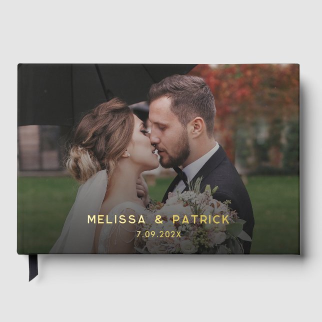 Elegant Modern Photo Gold Foil Wedding Guest Book (Front)