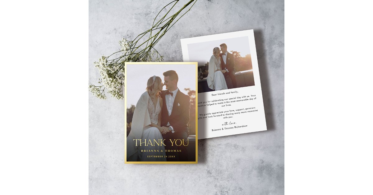 Elegant Modern Photo Gold Wedding Thank You Card | Zazzle