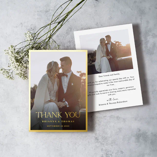 Elegant Modern Photo Gold Wedding Thank You Card | Zazzle
