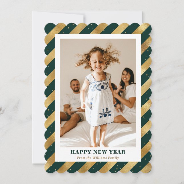 Elegant Modern Photo Green Gold Foil New Year Card (Front)