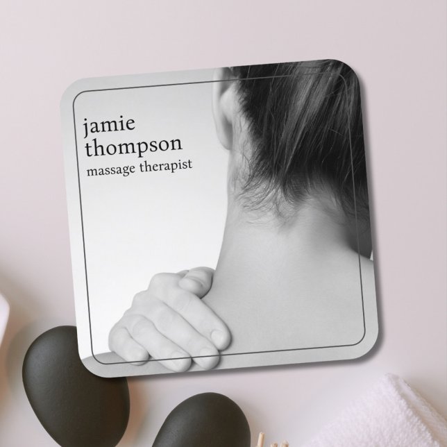 Elegant Modern Photo Grey White Massage Therapist Square Business Card (Creator Uploaded)