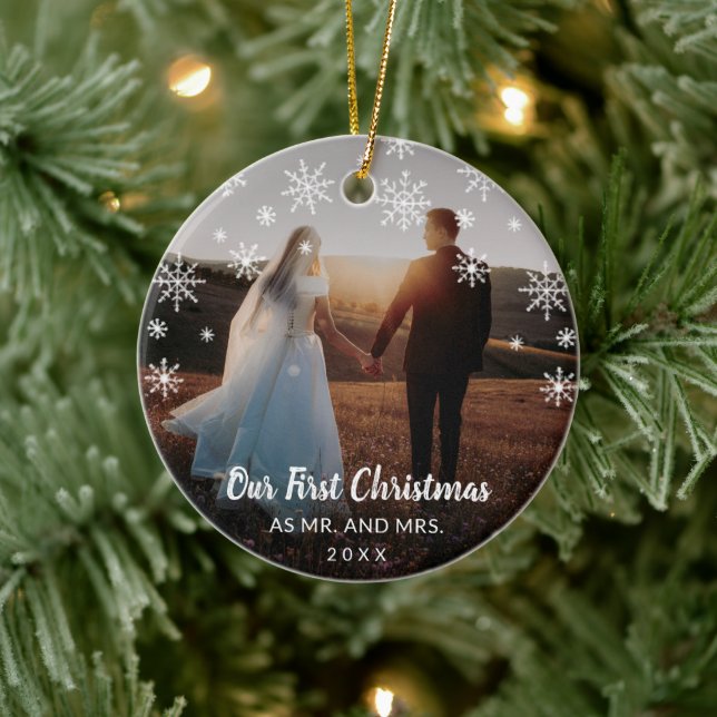Elegant Modern Photo Newlywed First Christmas Ceramic Ornament (Tree)