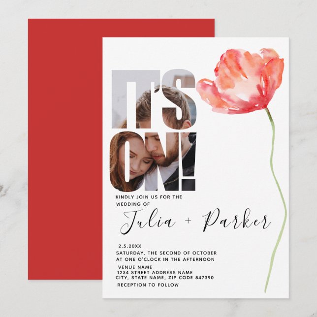 Elegant Modern Photo Poppy Red Wedding Invitation (Front/Back)