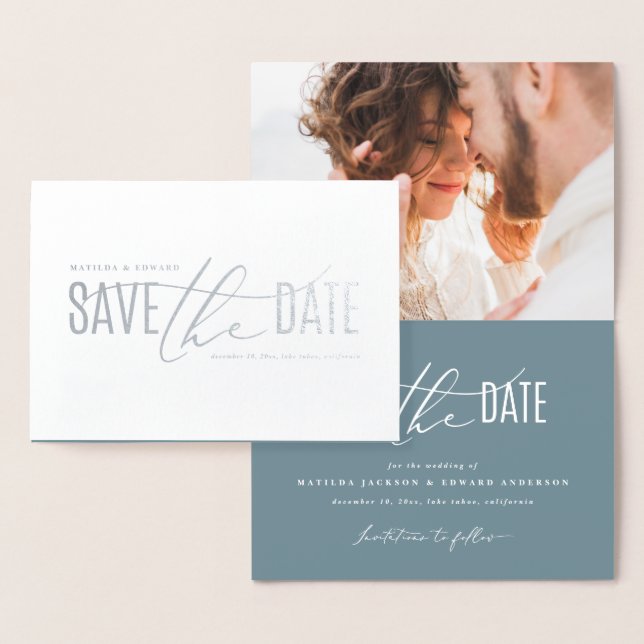 Elegant modern photo save the date foil card (Display)