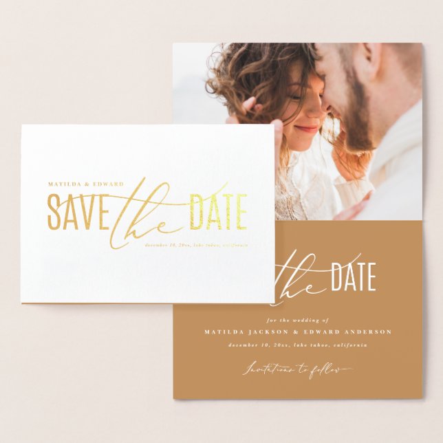 Elegant modern photo save the date foil card (Display)