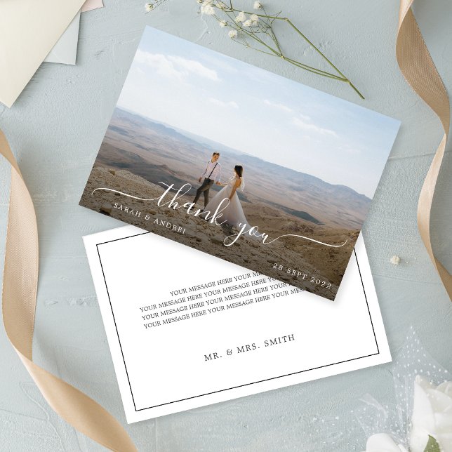 Elegant Modern Photo Script Border Wedding Thank You Card (Creator Uploaded)