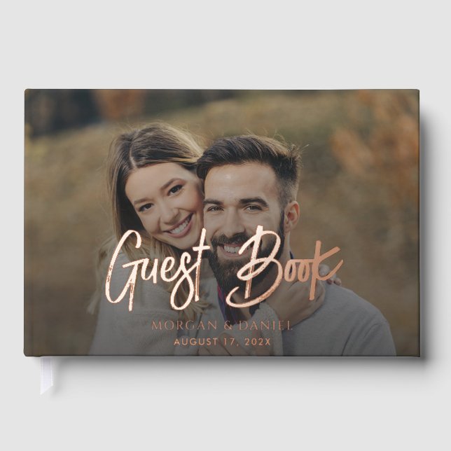 Elegant Modern Photo Script Rose Gold Foil Wedding Foil Guest Book (Front)