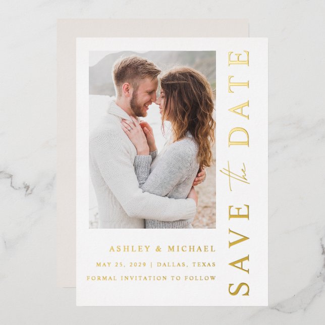 Elegant Modern Photo Wedding Save the Date Gold Foil Invitation (Front/Back)