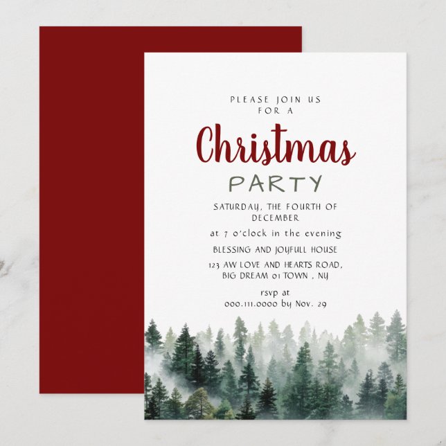 Elegant Modern Pine Forest Christmas Party Invitation (Front/Back)
