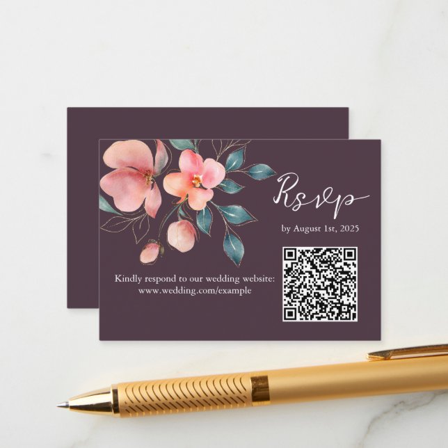 Elegant Modern Pink and Gold Floral QR Code RSVP  Enclosure Card (Front/Back In Situ)