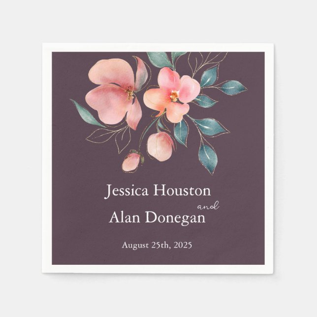 Elegant Modern Pink and Gold Floral Wedding Napkins (Front)