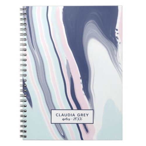 Elegant modern pink blue white liquid marble notebook