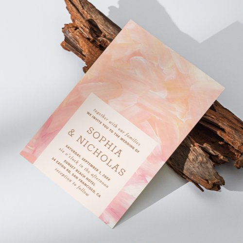 Elegant modern pink blush brush strokes wedding invitation