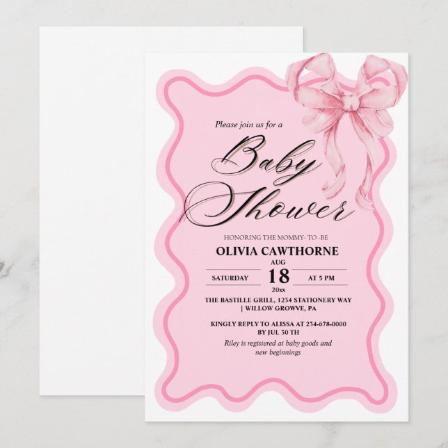 Elegant Modern Pink Bow Baby Shower Invitation (Front/Back)