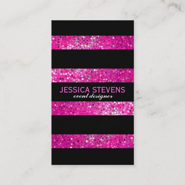 Elegant Modern Pink Faux Glitter & Black Stripes Business Card (Front)