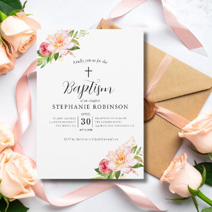 Elegant Modern Pink Floral Baptism Invitation