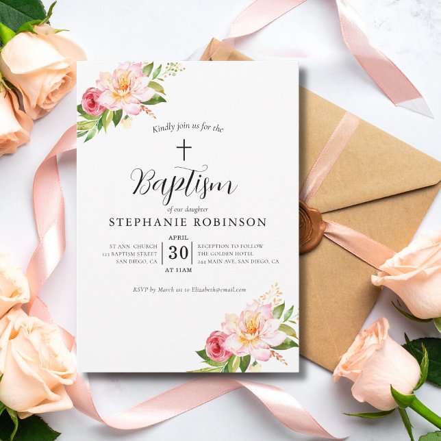 Elegant Modern Pink Floral Baptism  Invitation (Creator Uploaded)