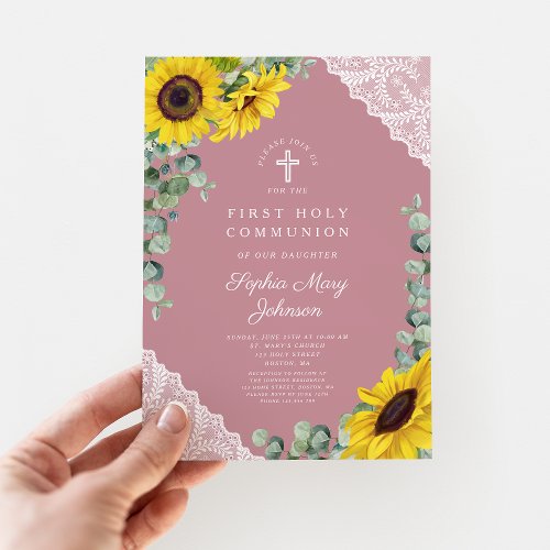 Elegant Modern Pink Floral Cross First Communion Invitation