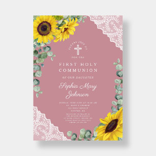 Elegant Modern Pink Floral Cross First Communion Invitation