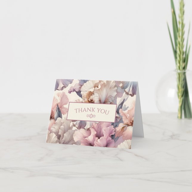 Elegant Modern Pink Floral Jewish Star Bat Mitzvah Thank You Card (Front)