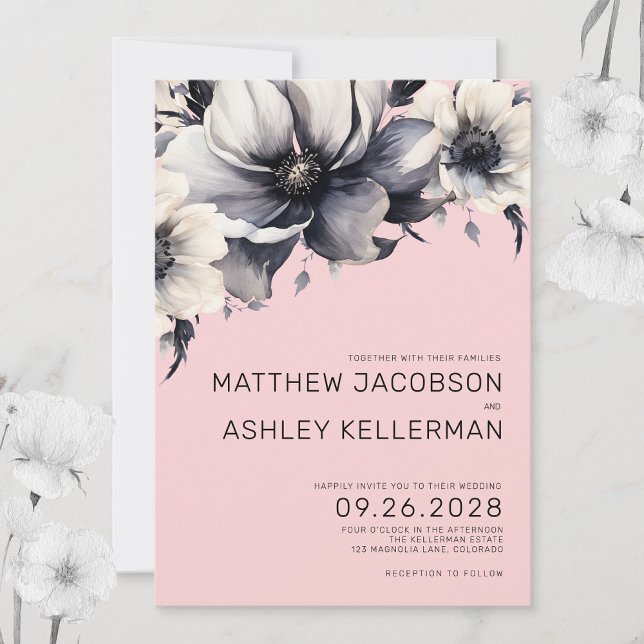 Elegant Modern Pink Floral Wedding Invitation (Modern Elegant Boho Watercolor Pink Floral Wedding Invitation)