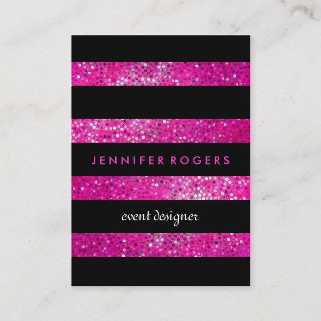 Elegant Modern Pink Glitter & Black Stripes Business Card (Front)