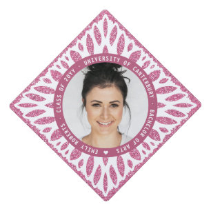 Elegant Modern Pink Glitter Floral Photo Graduation Cap Topper