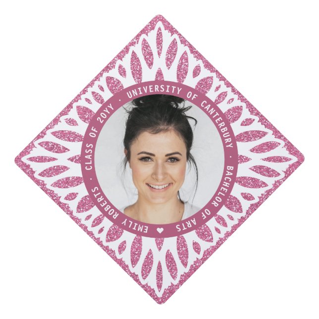 Elegant Modern Pink Glitter Floral Photo Graduation Cap Topper (Front)