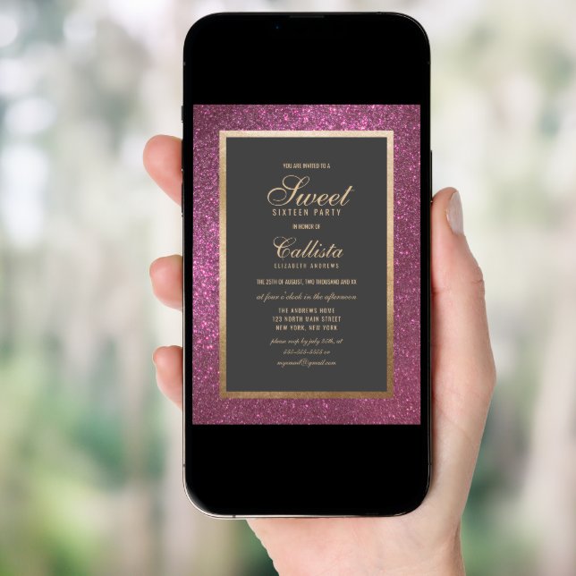 Elegant Modern Pink Glitter Thick Border Sweet 16 Invitation (Front Digital)