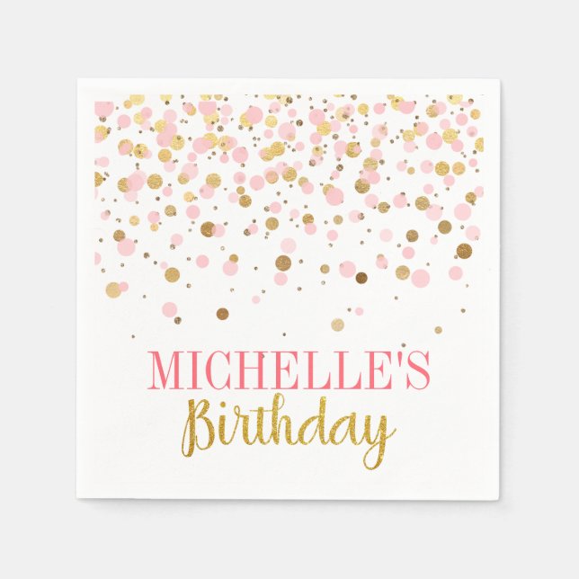 Elegant Modern Pink Gold Confetti Girl Birthday Napkins (Front)