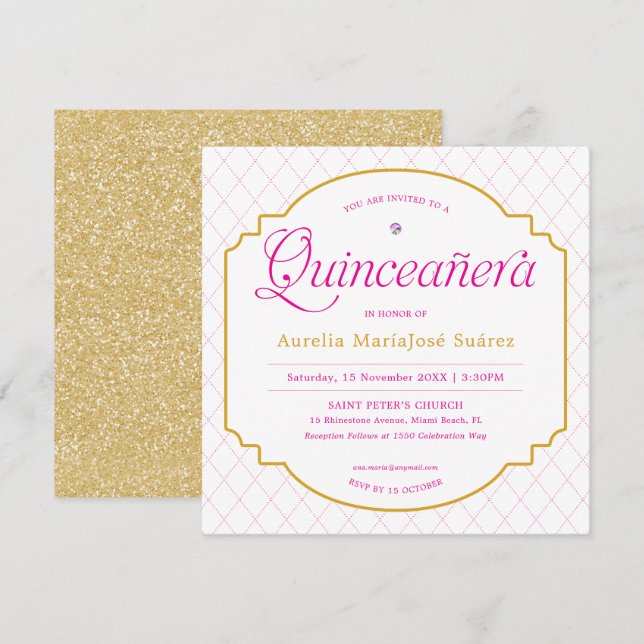 Elegant Modern Pink Gold Glitter Quinceañera Invitation (Front/Back)