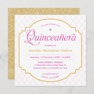 Elegant Modern Pink Gold Glitter Quinceañera Invitation