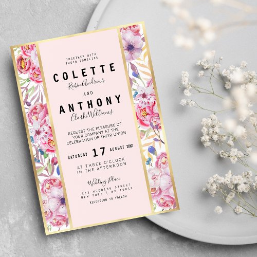 Elegant Modern Pink Gold Panel Floral Leaf Wedding Invitation