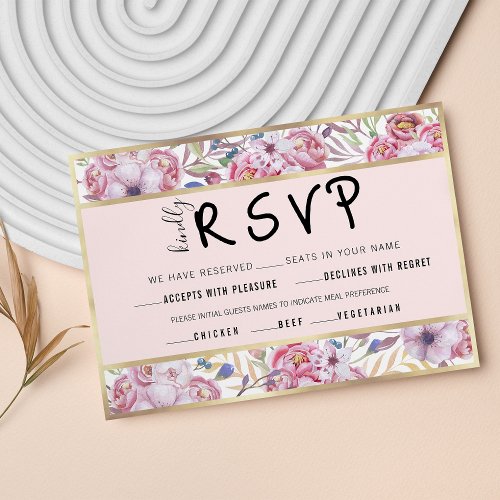 Elegant Modern Pink Gold Panel Floral Leaf Wedding RSVP Card