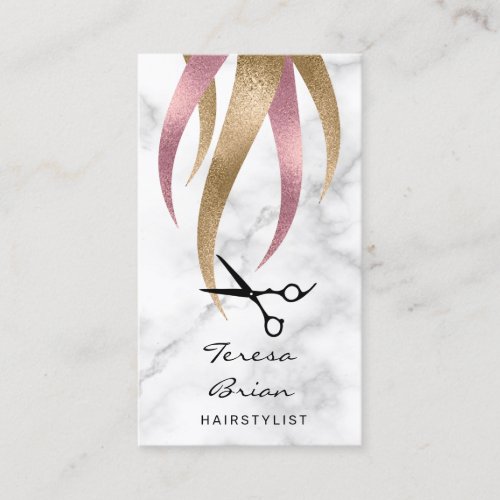 Elegant modern pink  gold scissors hairstylist business card