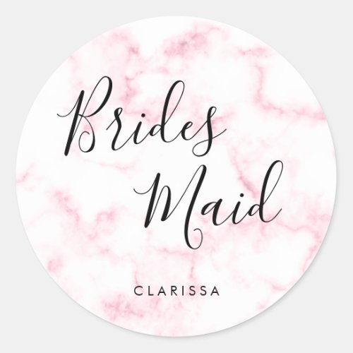 Elegant  modern pink marble bridesmaid classic round sticker