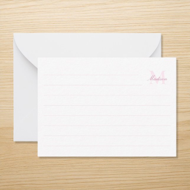 Elegant Modern Pink Monogram Ruled Note Card (Creator Uploaded)