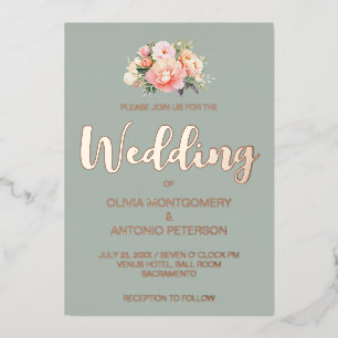 Elegant Modern Pink Peony Light Sage Wedding Foil Invitation