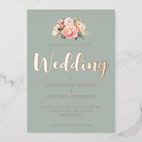 Elegant Modern Pink Peony Light Sage Wedding Foil Invitation