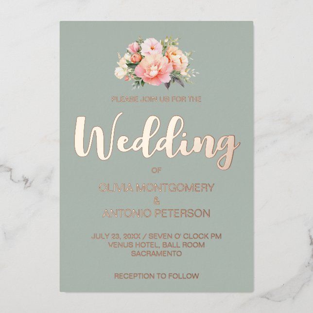 Elegant Modern Pink Peony Light Sage Wedding Foil Invitation (Front)