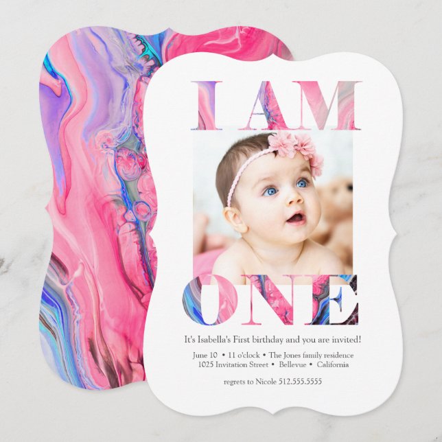 Elegant Modern Pink Photo 1st Birthday Invitation (Front/Back)