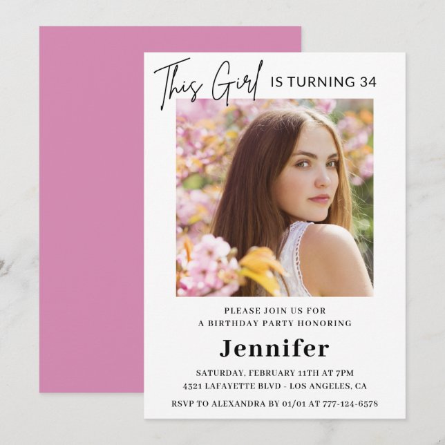 Elegant Modern Pink Photo 34th birthday Invitation (Front/Back)