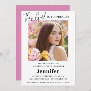 Elegant Modern Pink Photo 34th birthday Invitation