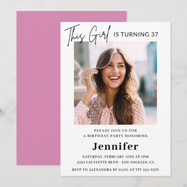Elegant Modern Pink Photo 37th birthday Invitation (Front/Back)