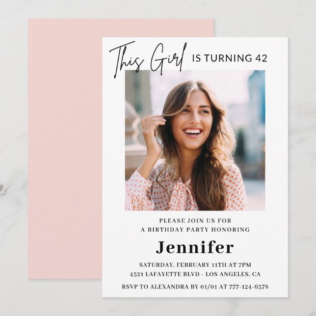 Elegant Modern Pink Photo 42nd birthday Invitation (Front/Back)