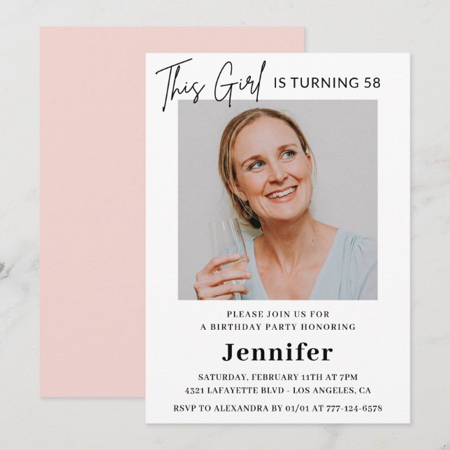 Elegant Modern Pink Photo 58th birthday Invitation (Front/Back)