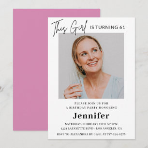 Elegant Modern Pink Photo 61st birthday Invitation